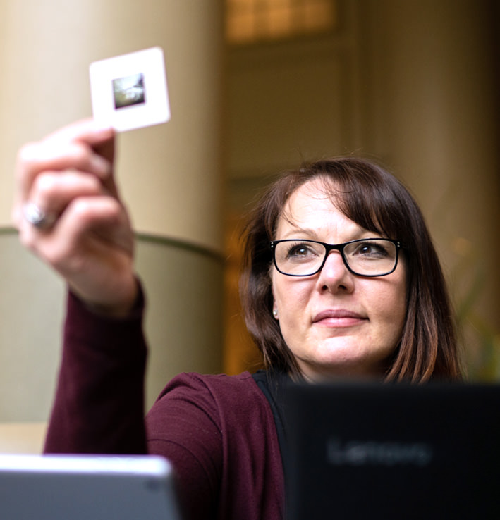 Linda analyzing a slide image